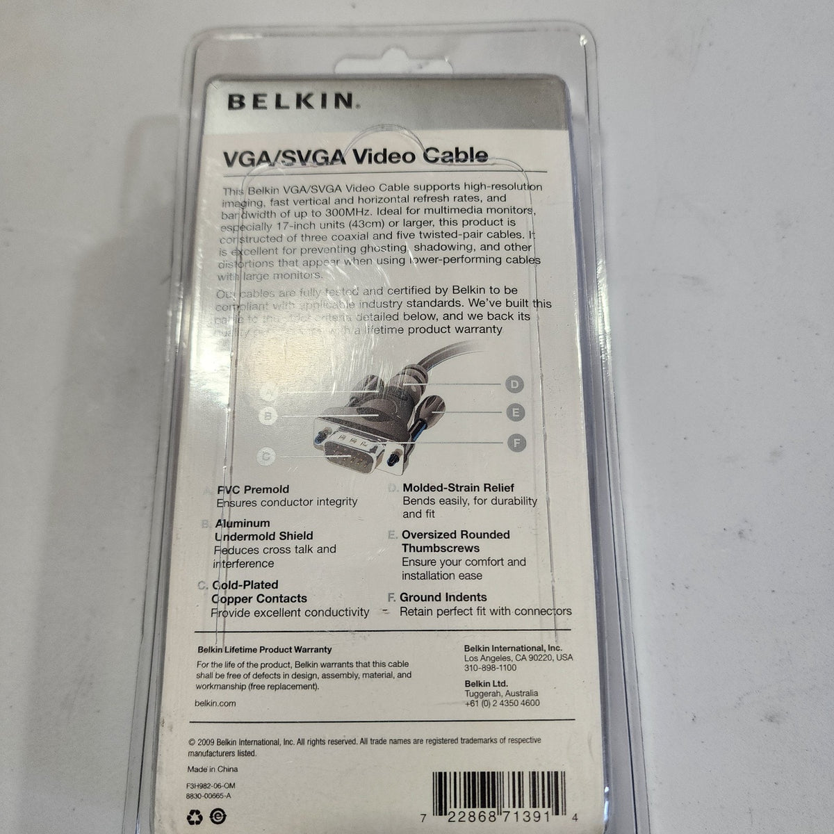 Belkin VGA/SVGA Video Cable F3H982-06-OM 6ft for PC Monitor Connection