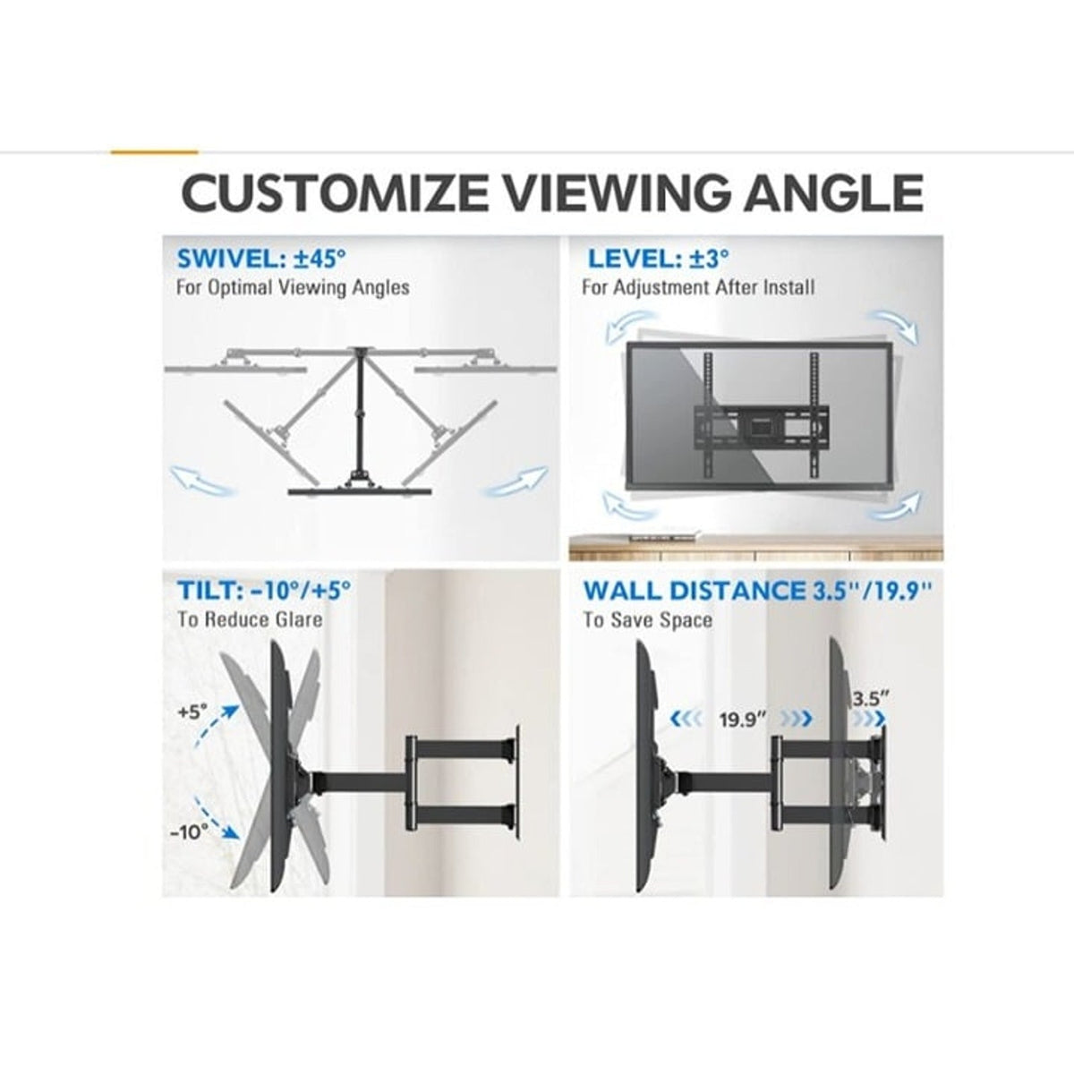 Full Motion TV Wall Mount for 26-55" Monitor, Swivel & Tilt MU0011