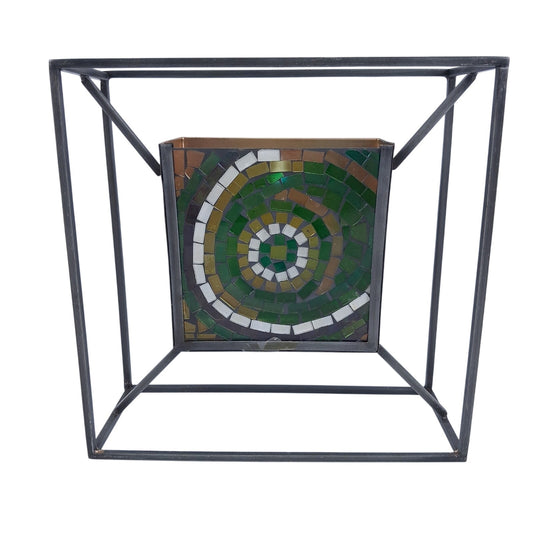 Mosaic Waves Wall Sconce Green 9" Square Glass & Iron Candle Holder Modern Decor