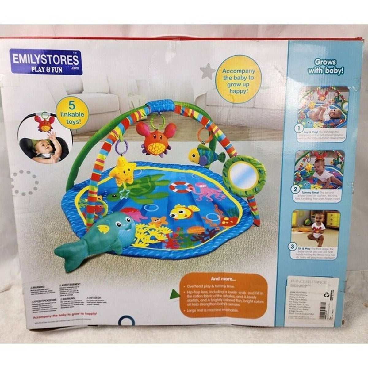 EMILYSTORES Baby Activity Play Gym Mat, Tummy Time, Ocean Park Theme with 4 Toys