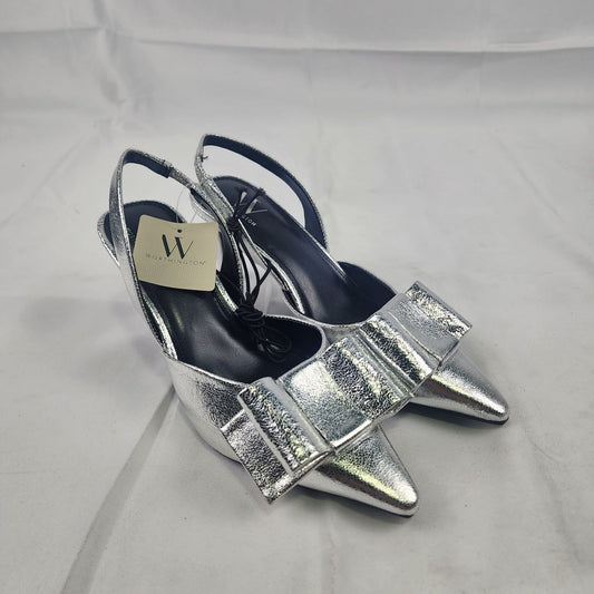 Worthington Michael Silver Metallic Bow Pointed Toe Slingback Heels 7.5 NWT