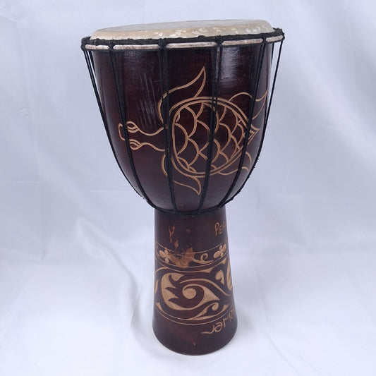 Djembe Drum Hand Carved Wood Turtle Peace Love Jamaica 20" Tall 8.5" H