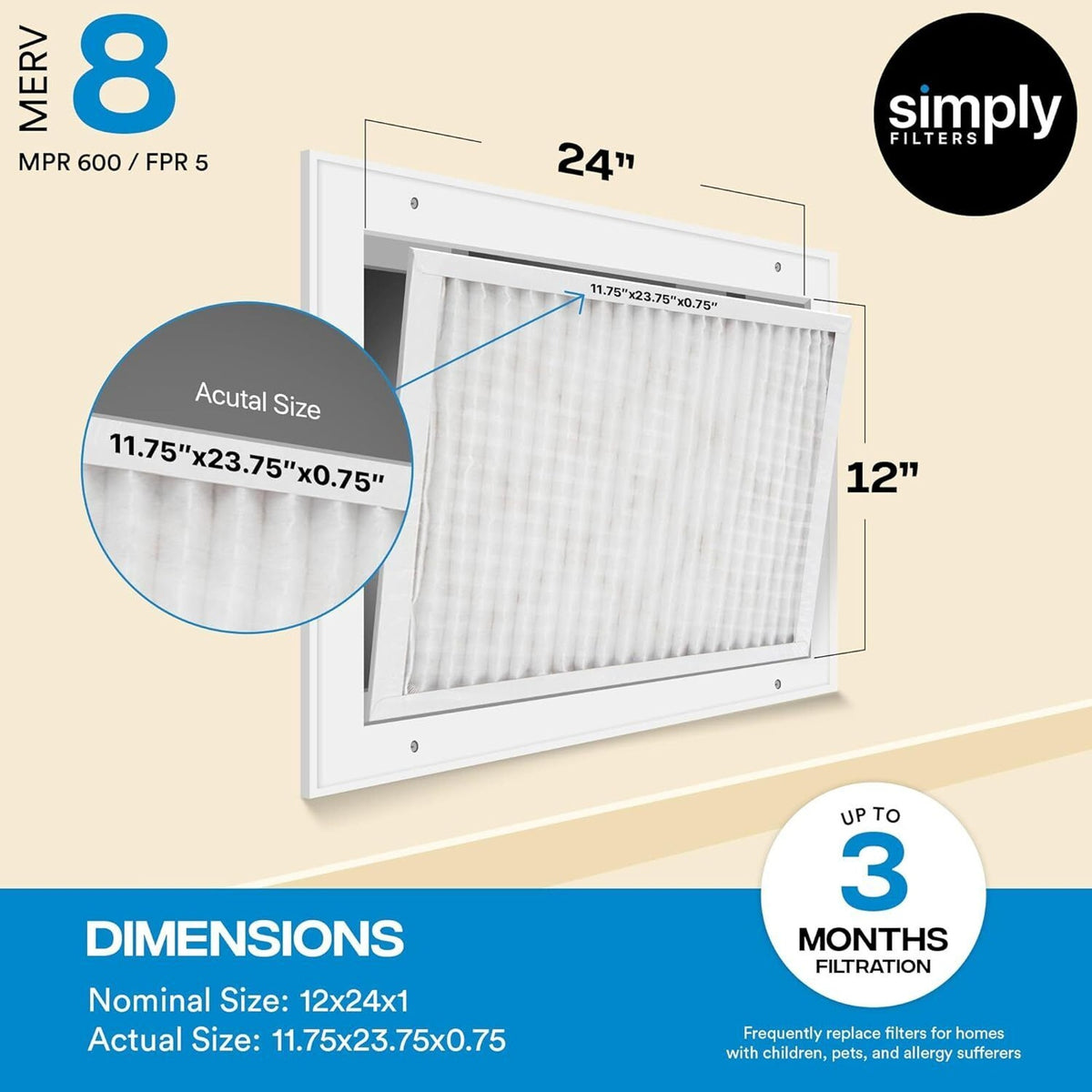 6-Pack Air Filters 12x24x1, MERV 8, MPR 600, HVAC, AC Furnace, Pleated Filter