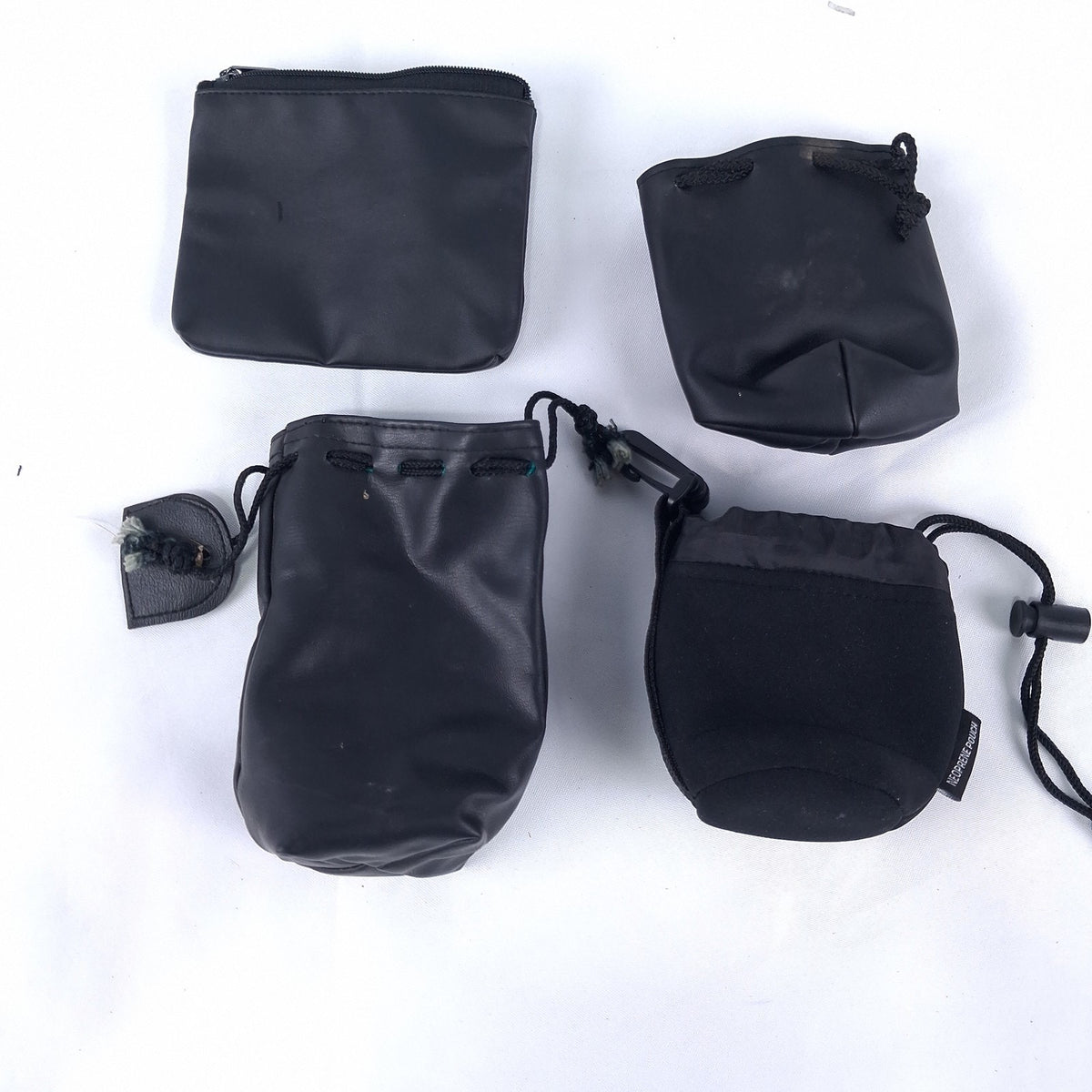 Mixed Lot 4 Black Pouches Zippered Drawstring Faux Leather Neoprene Bags