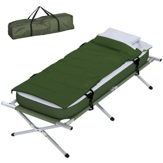 Camping Cot Folding Bed Set Mattress Sleeping Bag Pillow Carry Bag Green