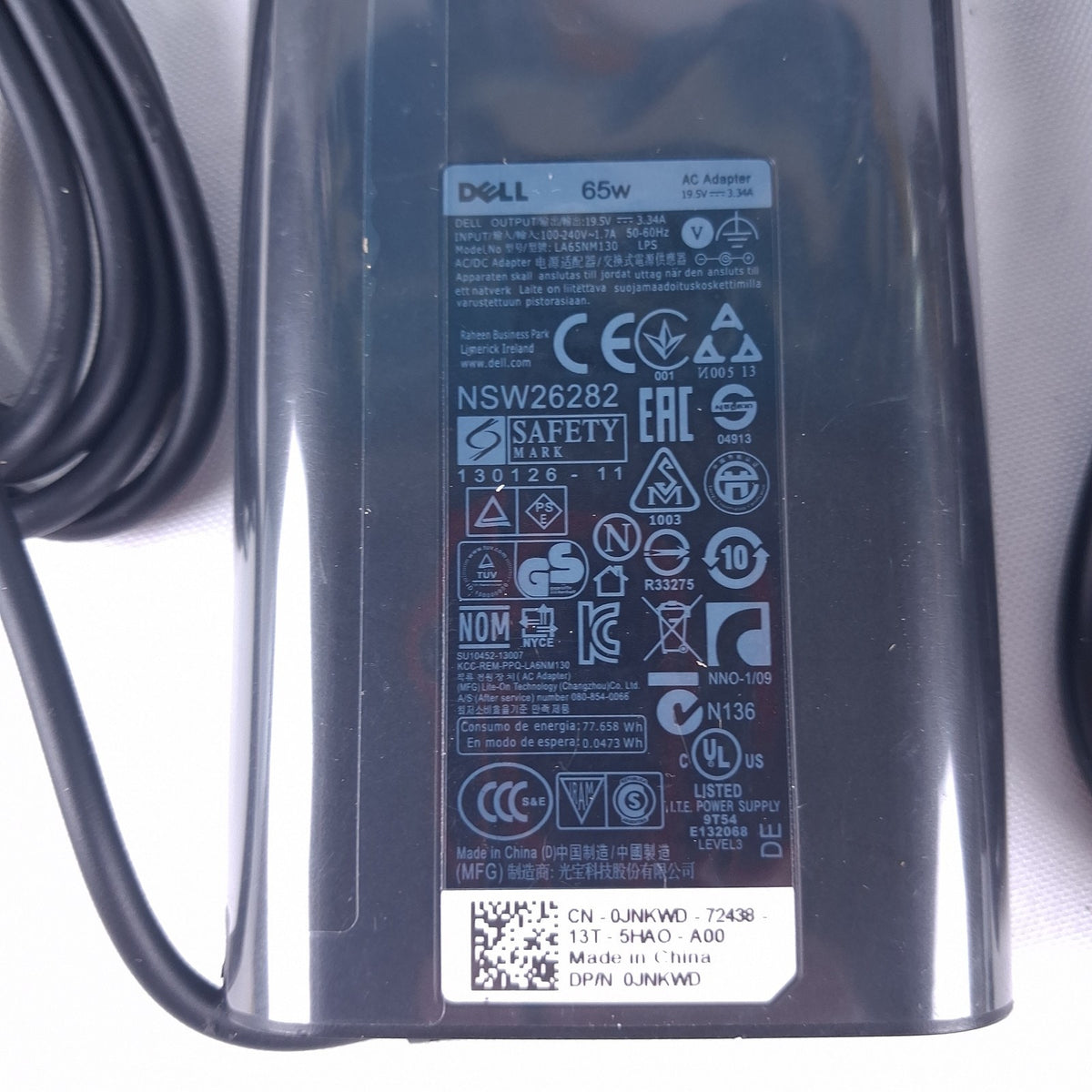Dell 65W AC Power Adapter Charger 19.5V 3.34A LA65NM130 0JNKWD Laptop Cord Black