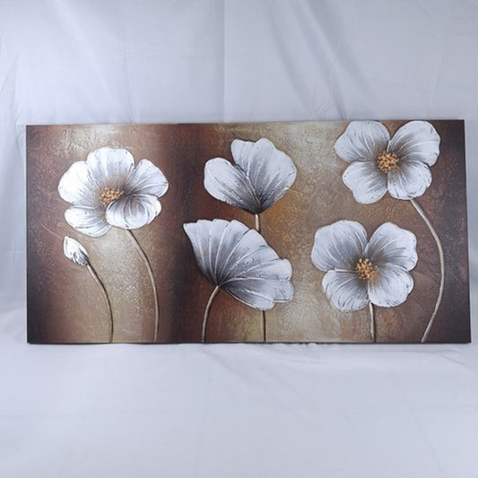 Textured 3D Canvas Wall Art Silver White Flowers Brown Tan 47x24"