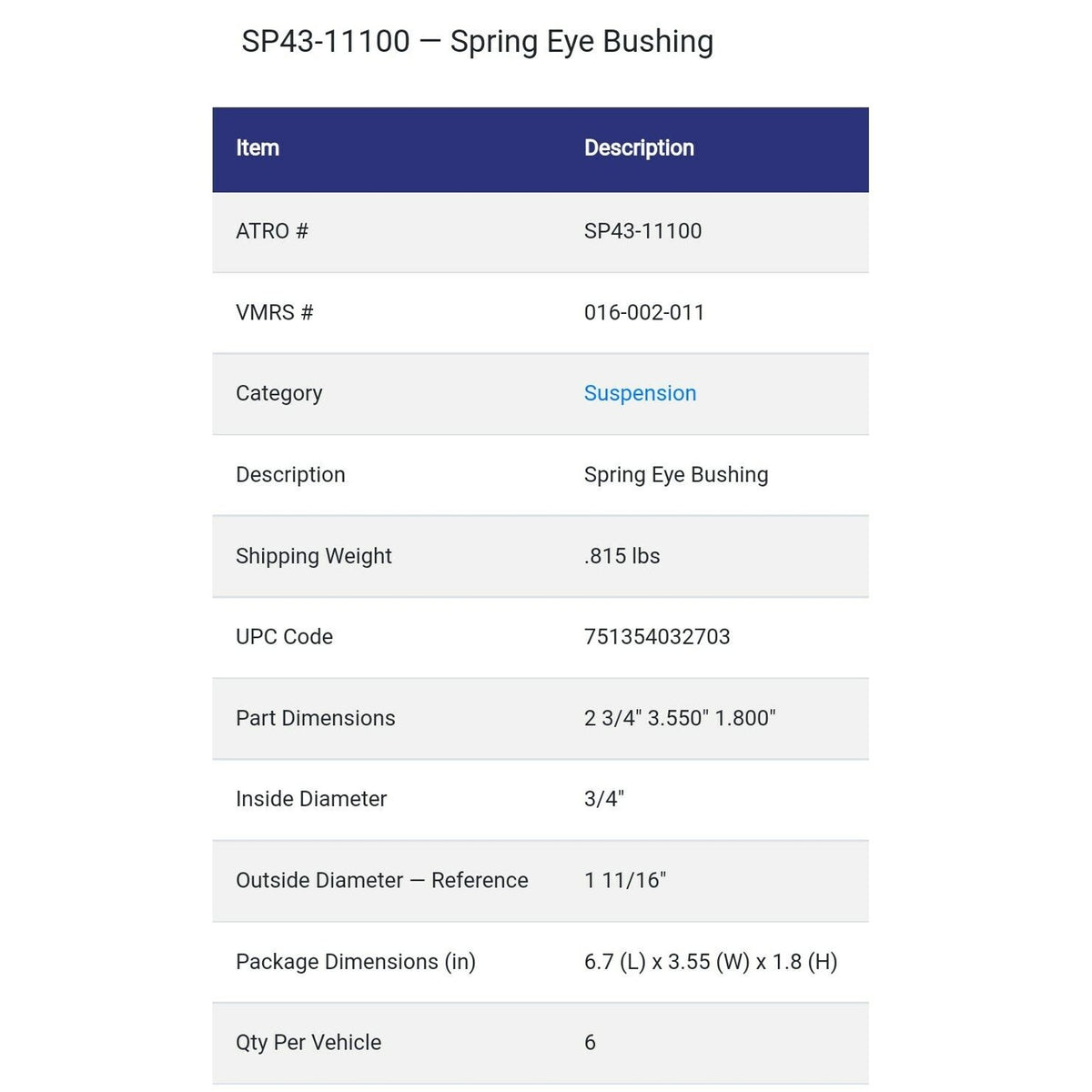 Spring Eye Bushing SP43-11100 for Ford Bus B600/700 & Truck F600/700 (C7TZ5348B)